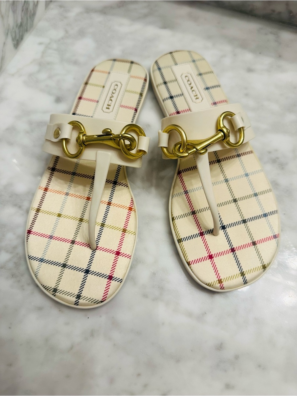 Vintage Coach Cream Plaid Thong Sandals with Gold Horsebit